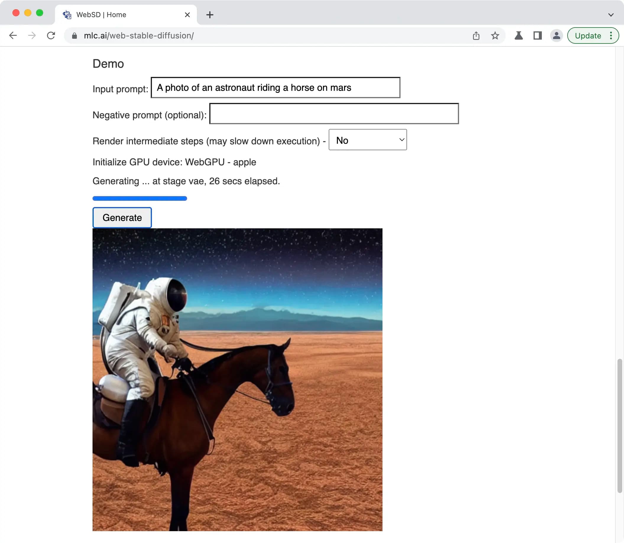 A screenshot of Web Stable Diffusion in action, being used to generate a photorealistic image of an astronaut riding a horse on the planet Mars